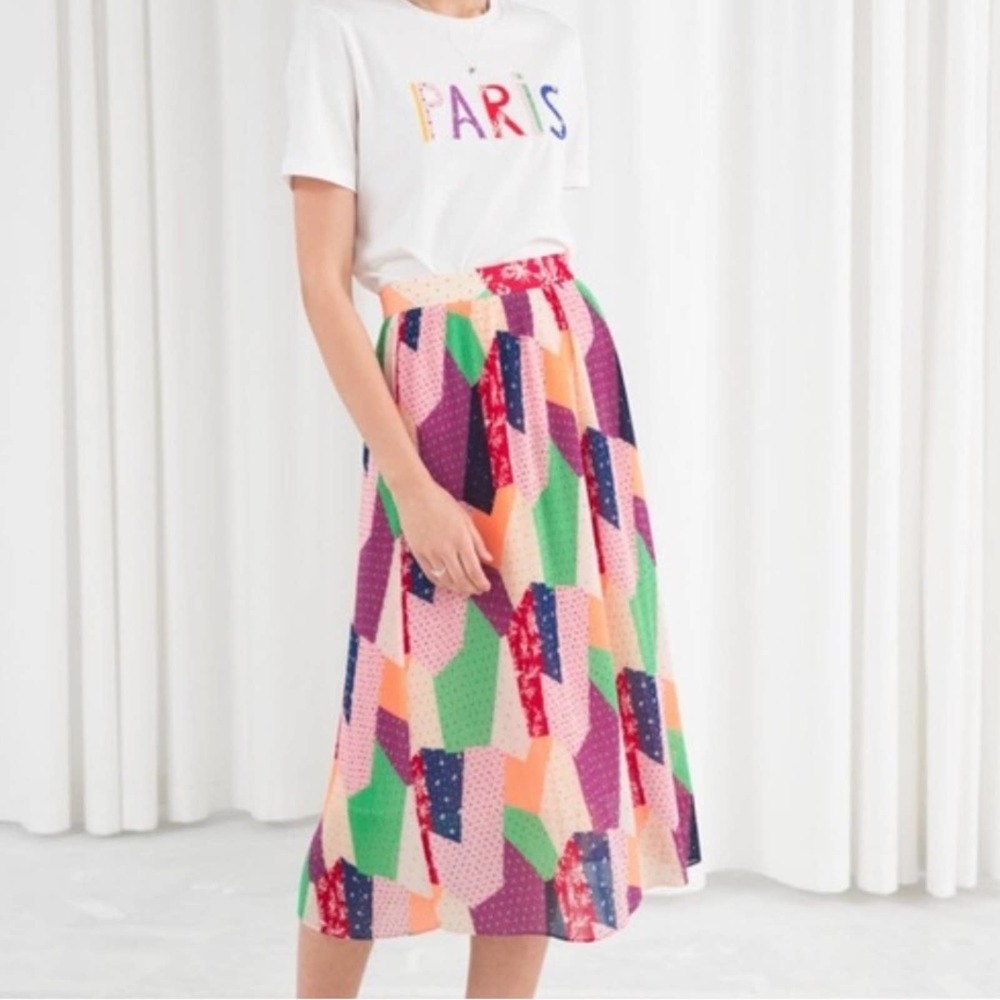 & other Stories pink purple green pleated Chiffon A line midi skirt size 8 B12